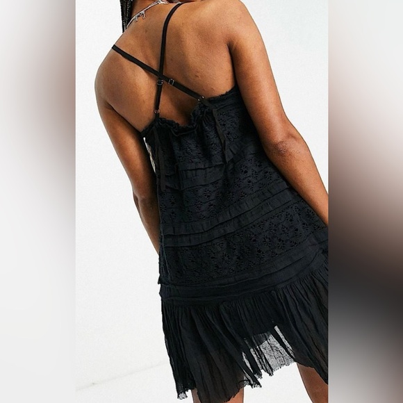 FP Free People One Black Boho Shailee Black Mini Dress Medium - Picture 3 of 6